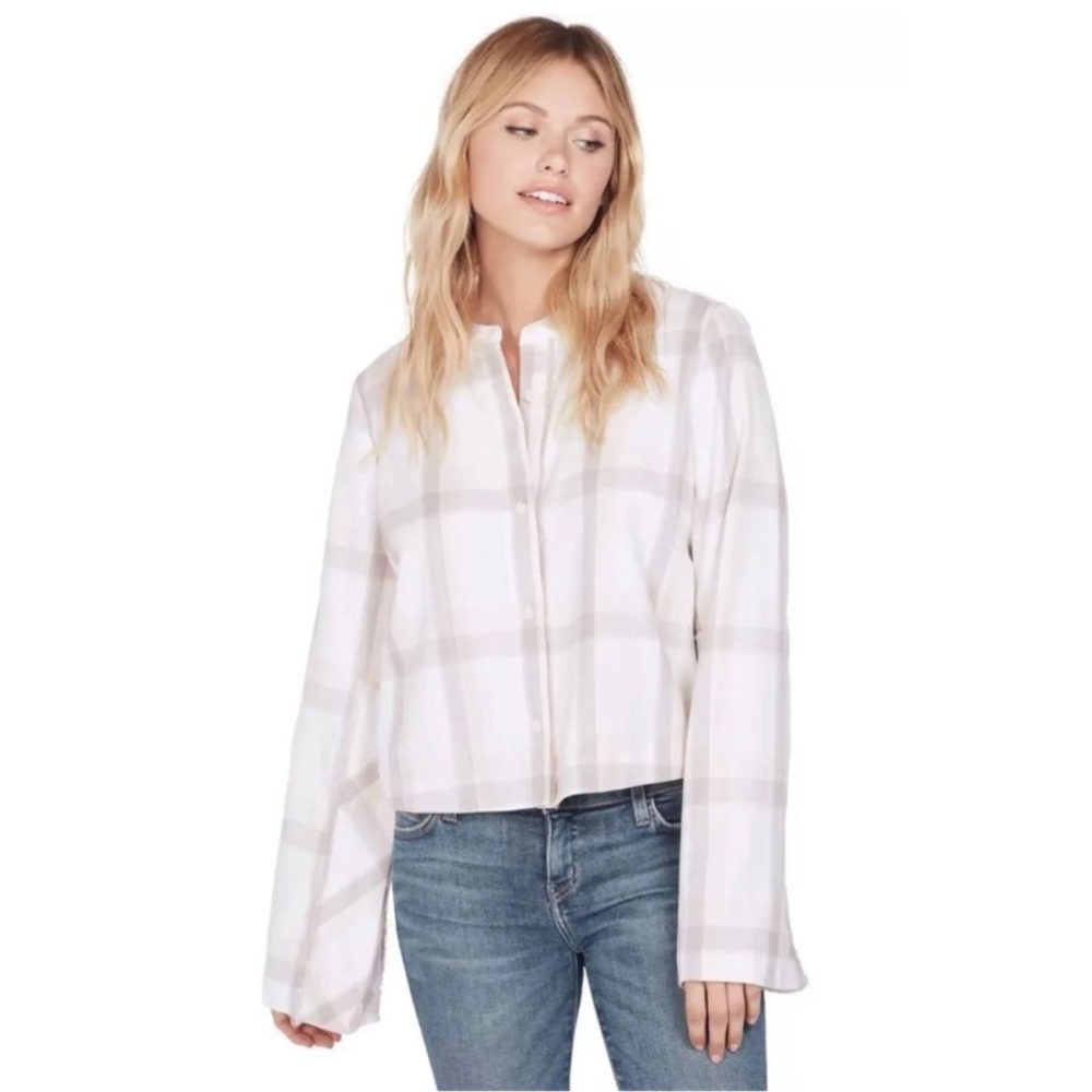 Derek Lam 10‎ Crosby Plaid Wide Sleeve Cropped Fringe Button Down Top Size Small